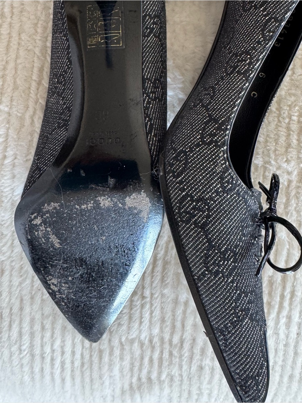 Gucci Black Pointed Lace-Up Logo Textile Flats - Picture 3 of 5